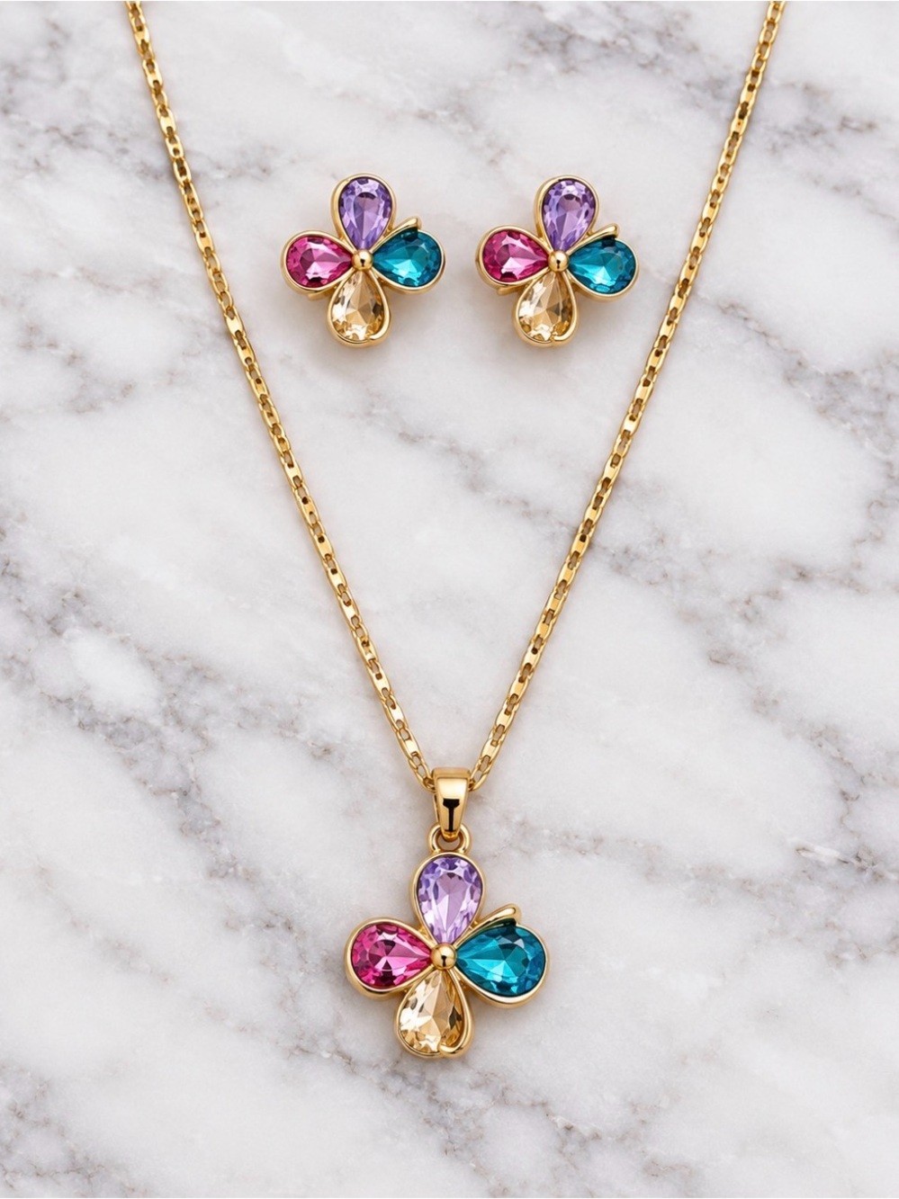 Multicolor Rhinestone Flower Pendant Necklace & Earring Set - Gold Tone